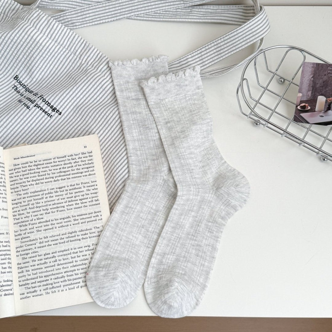Close-up of fabric texture on white ruffle trim crew socks