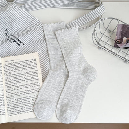 Close-up of fabric texture on white ruffle trim crew socks
