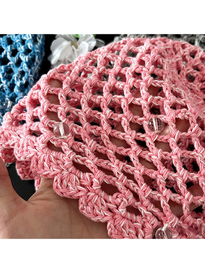 Haila - Solid Color Foldable Hollow Out Knit Beanie