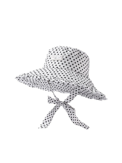 Haila ruffle brim hat with black and white polka dot pattern on a white background