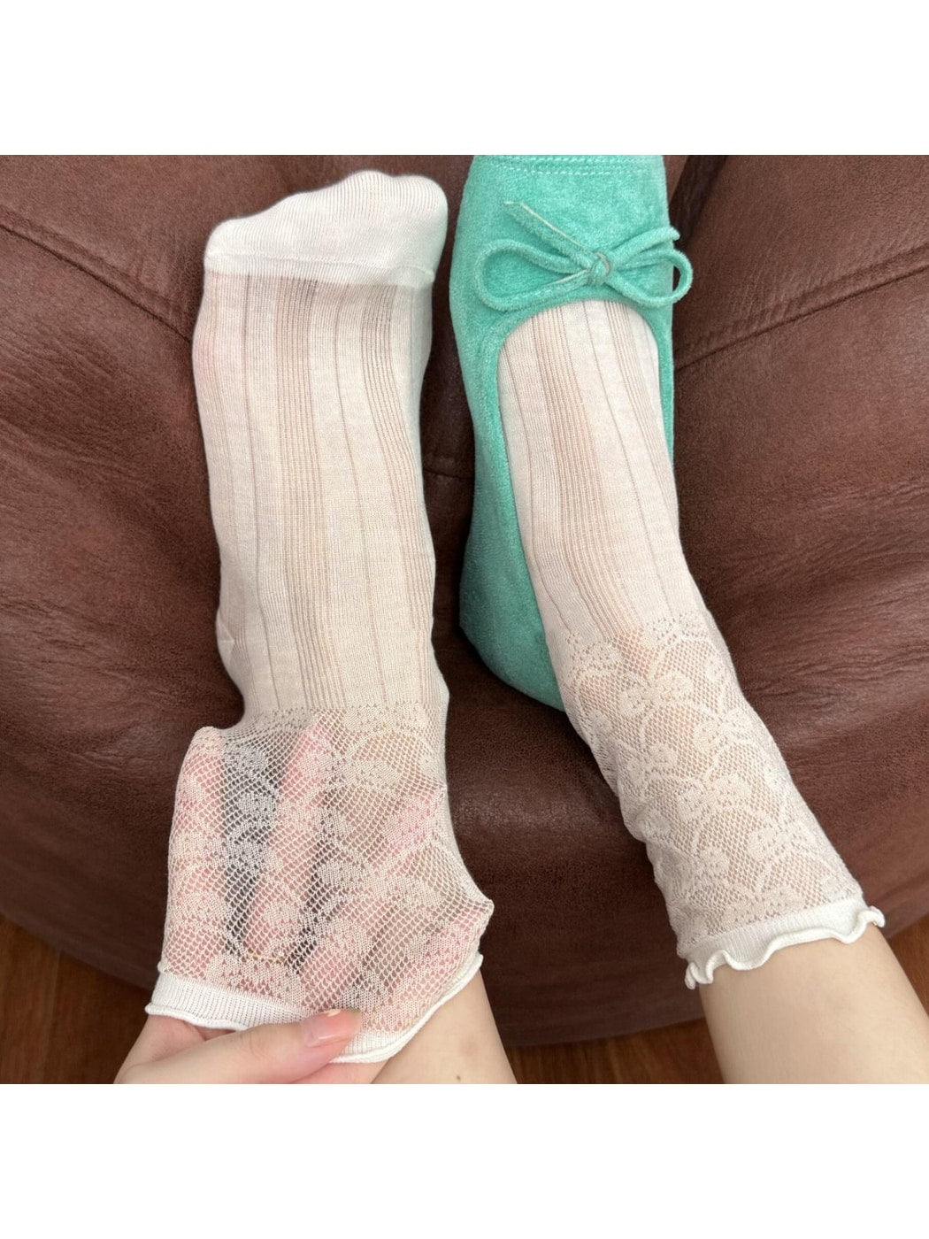 Rufia - Ruffle Trim Openwork Crew Socks