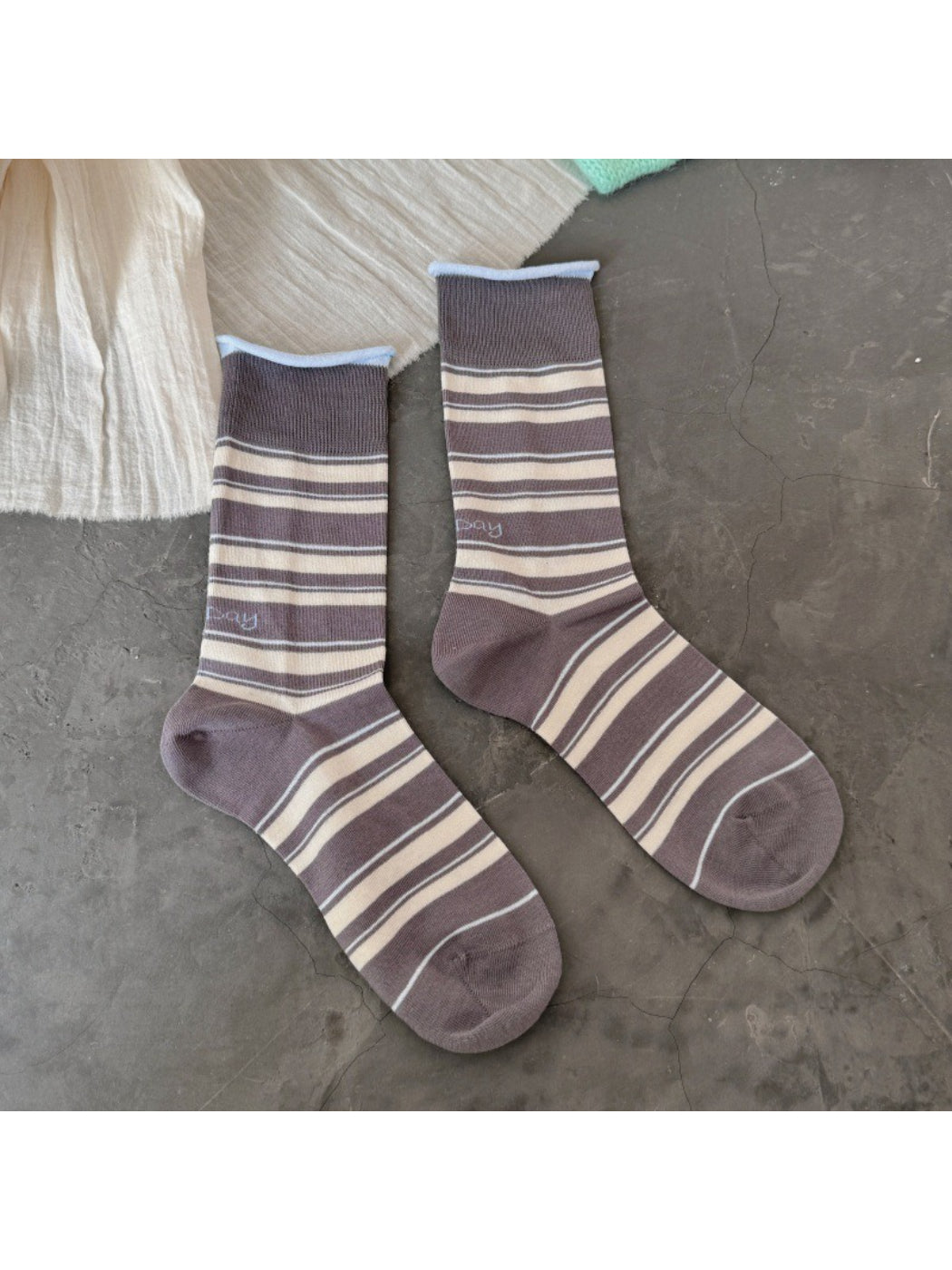 Rufia Classic Fine Stripe Crew Socks laid flat highlighting crew length
