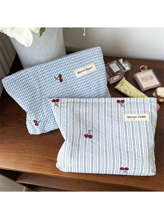 Cosbai Cherry Embroidered Makeup Pouch with red cherry design on white background