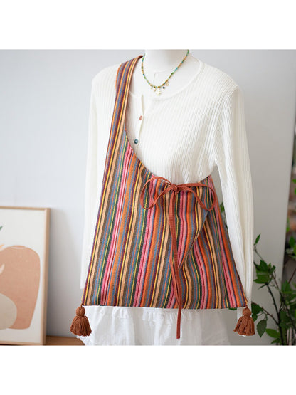 Cosbai – Boho Striped Tassel Tote