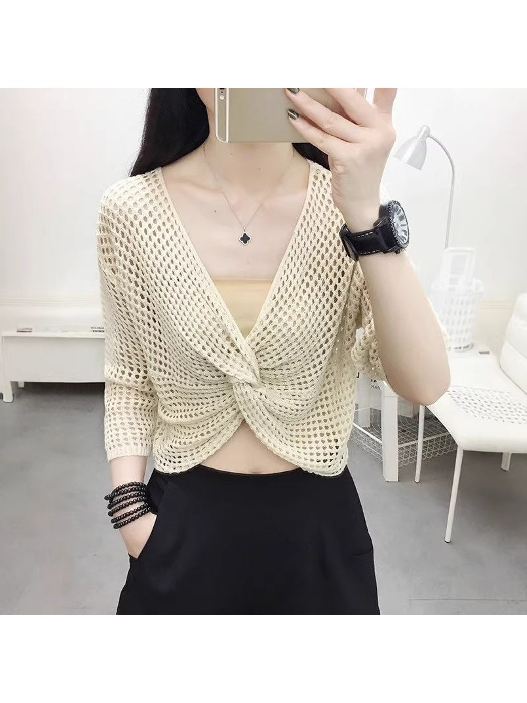 Crosa - V Neck Openwork Long Sleeve Cover Up