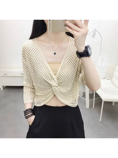 Crosa - V Neck Openwork Long Sleeve Cover Up