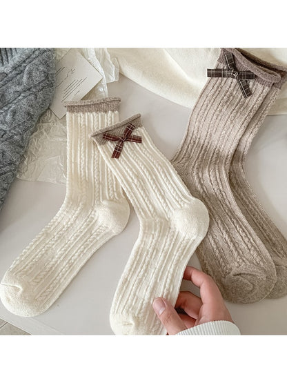 Rufia - Ribbed Knit Bow Accent Rolled Cuffs Crew Socks