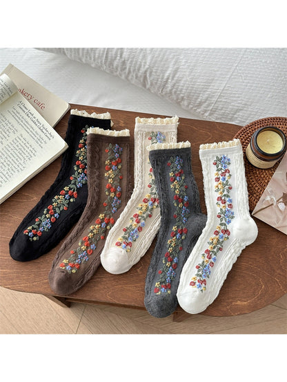 Rufia - Lace Trim Colorful Floral Crew Socks