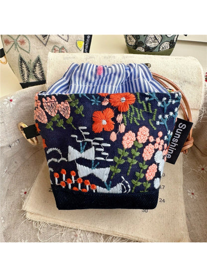 Cosbai - Floral Jacquard Drawstring Mini Pouch
