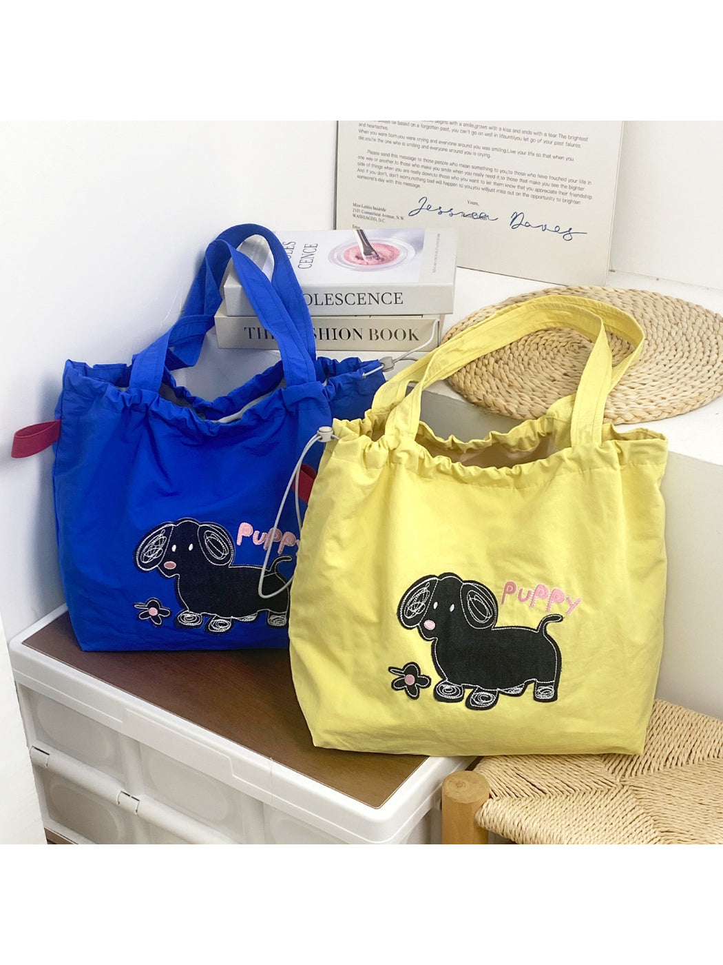 Side view of Cosbai Cute Puppy Slouchy Shoulder Bag showing slouchy shape