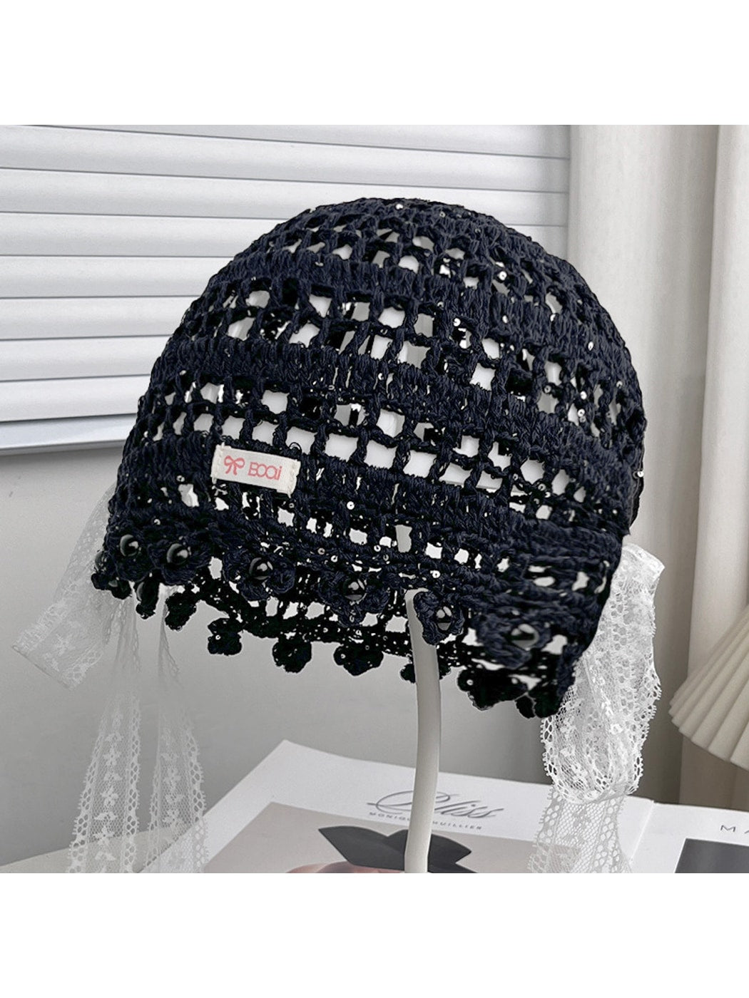 Haila - Bow Detail Hollow Knit Round Hat
