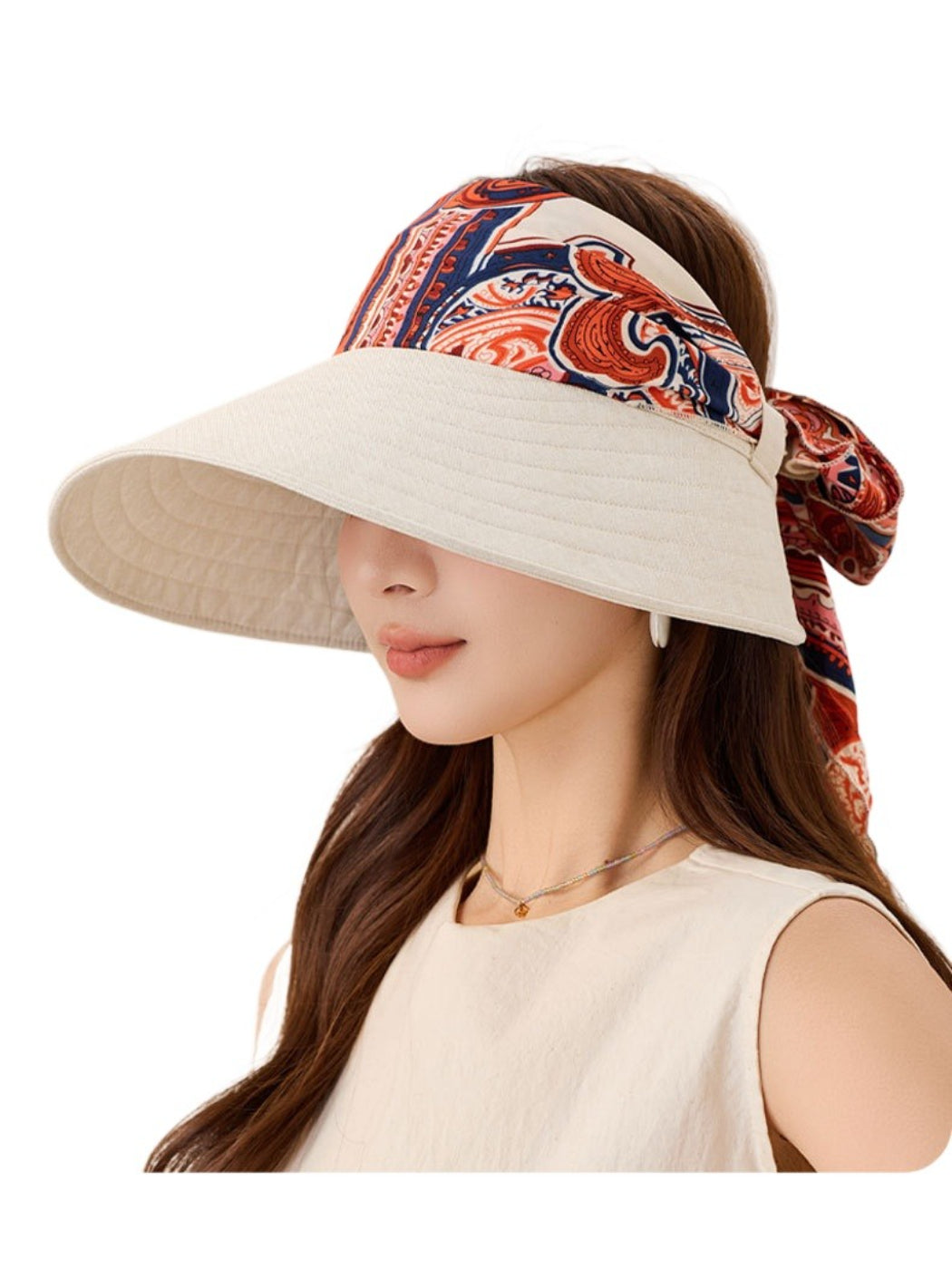 Back view of Haila boho print open top hat showing the open crown style