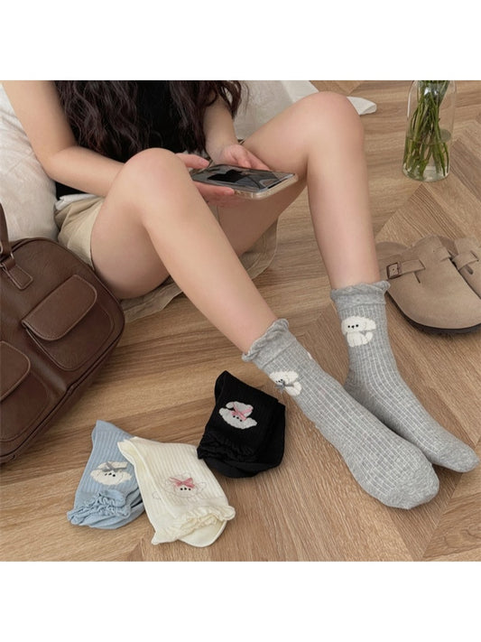 Rufia - Cute Dog Pattern Ruffle Trim Crew Socks