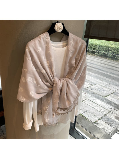 Scarvii - Rose Motif Lace Edge Shawl Scarf
