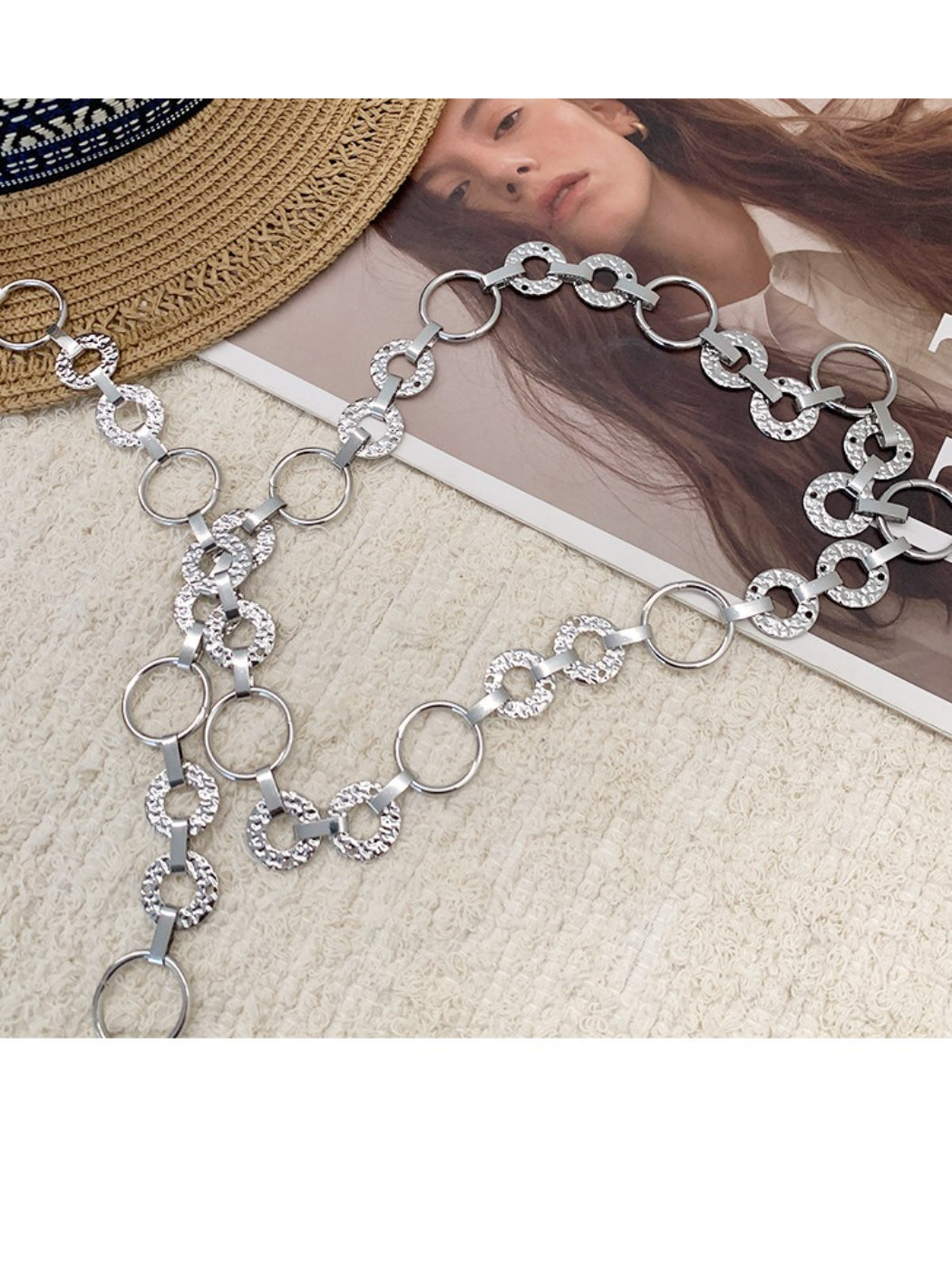 Model wearing Beco delicate pendant chain waist belt paired with casual outfit