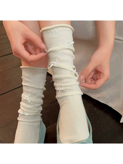 Rufia - Decorative Bow Trim Slouchy Mid Calf Socks