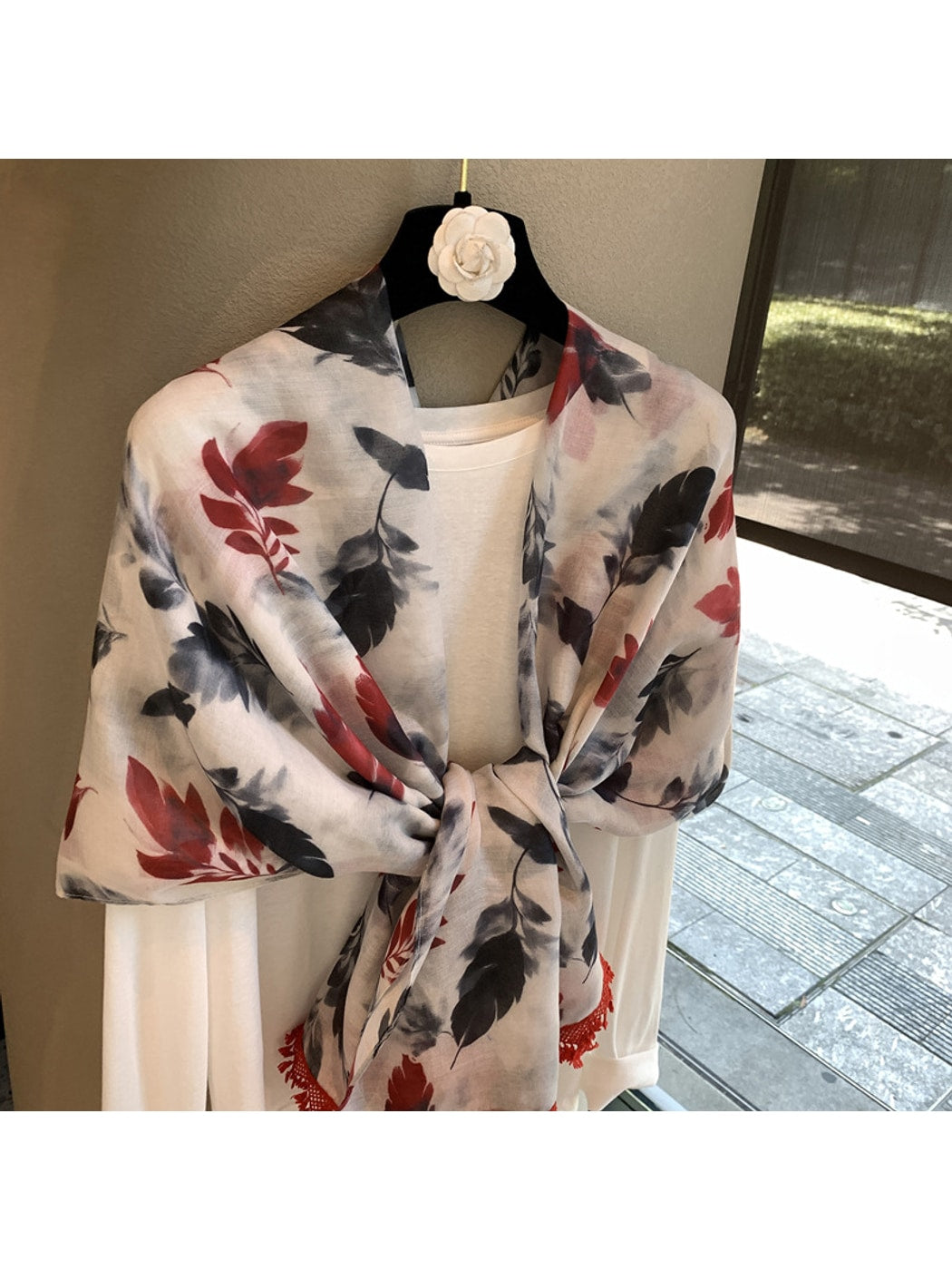 Scarvii - Feather Print Lace Edge Fashion Shawl Scarf