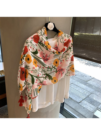 Scarvii - Botanical Print Tassel Trim Shawl Scarf
