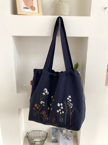 Cosbai - Floral Embroidery Drawstring Tote Bag