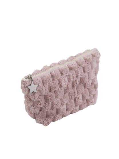 Cosbai fuzzy makeup pouch partially open showing interior space and star pendant