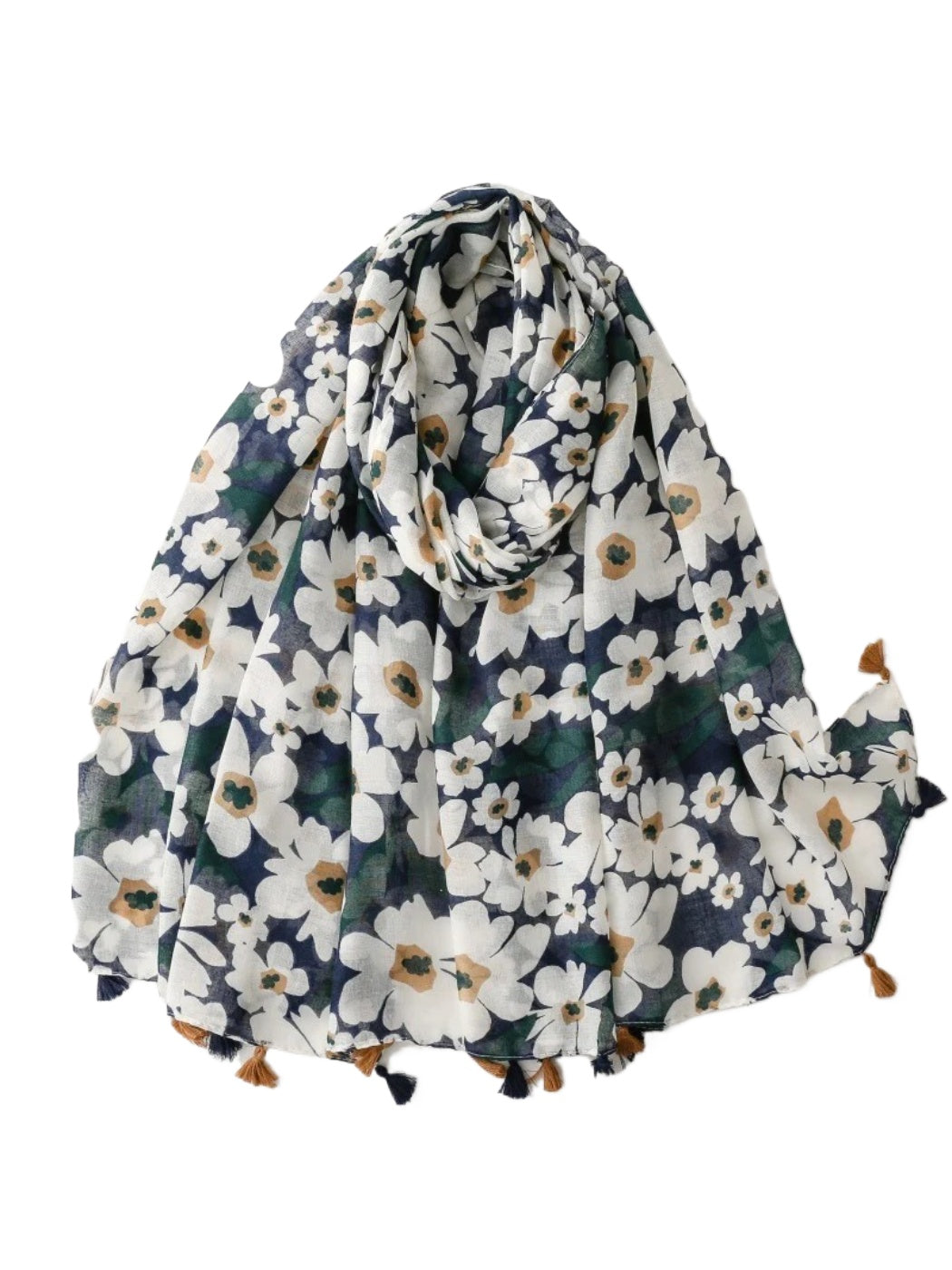 Scarvii - Navy Daisy Tassel Wrap Scarf