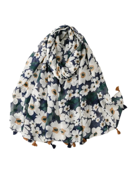Scarvii - Navy Daisy Tassel Wrap Scarf