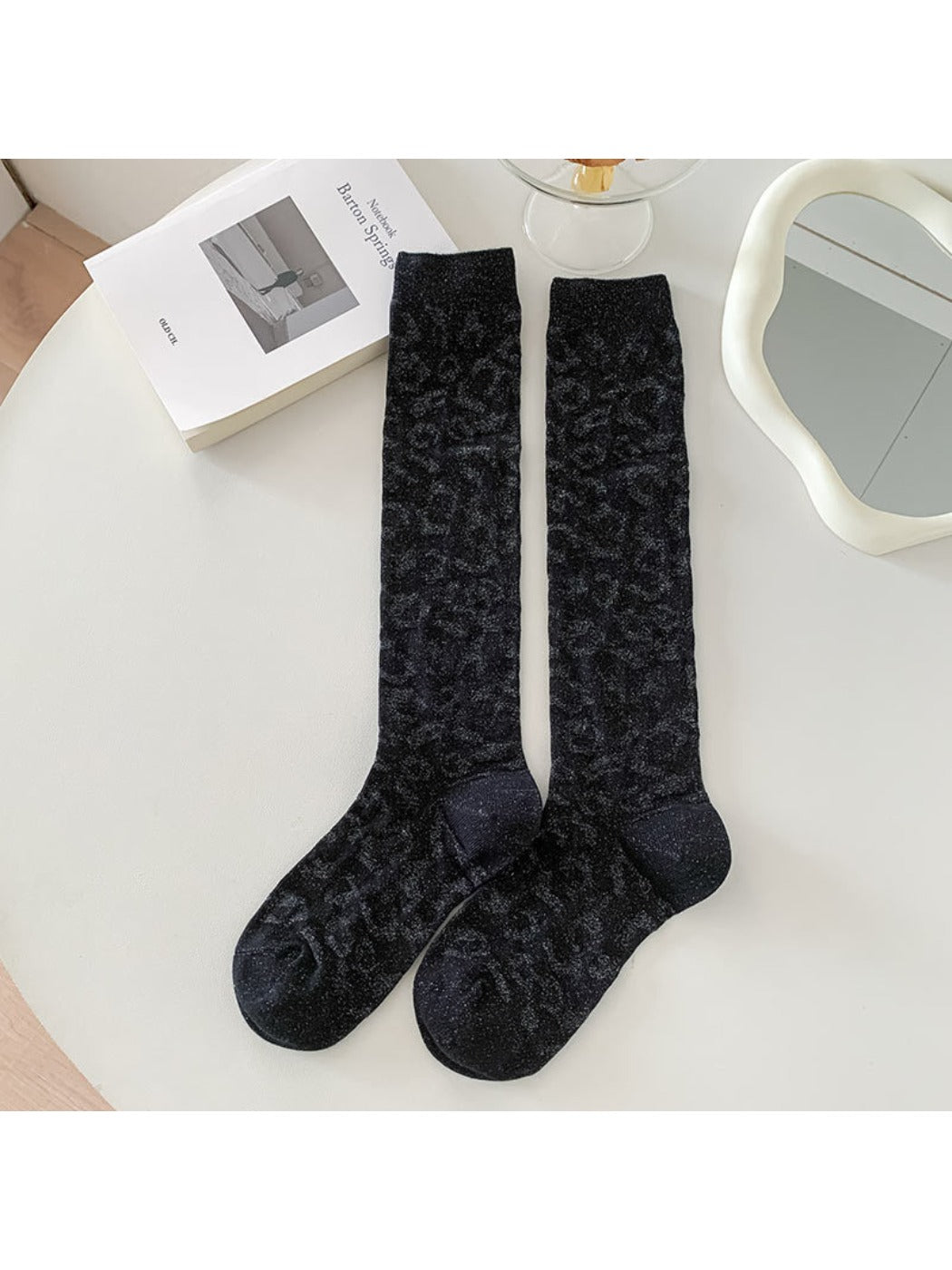 Rufia - Retro Solid Color Knee-High Socks with Embossed Print