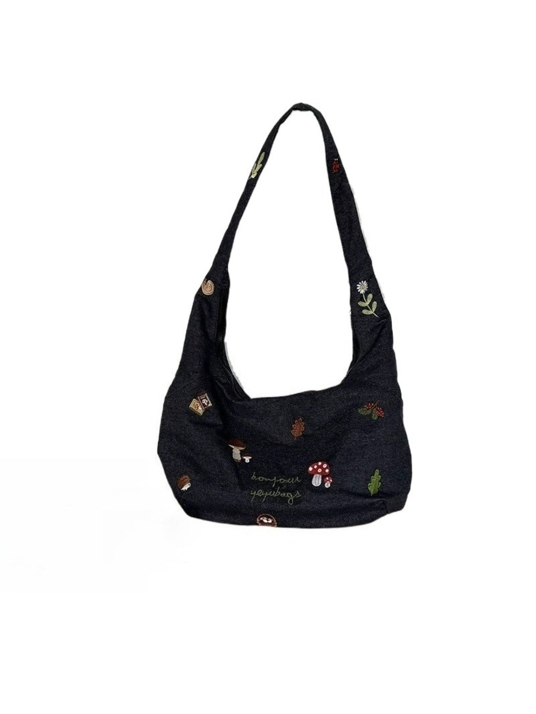 Cosbai – Embroidered Denim Shoulder Tote Bag
