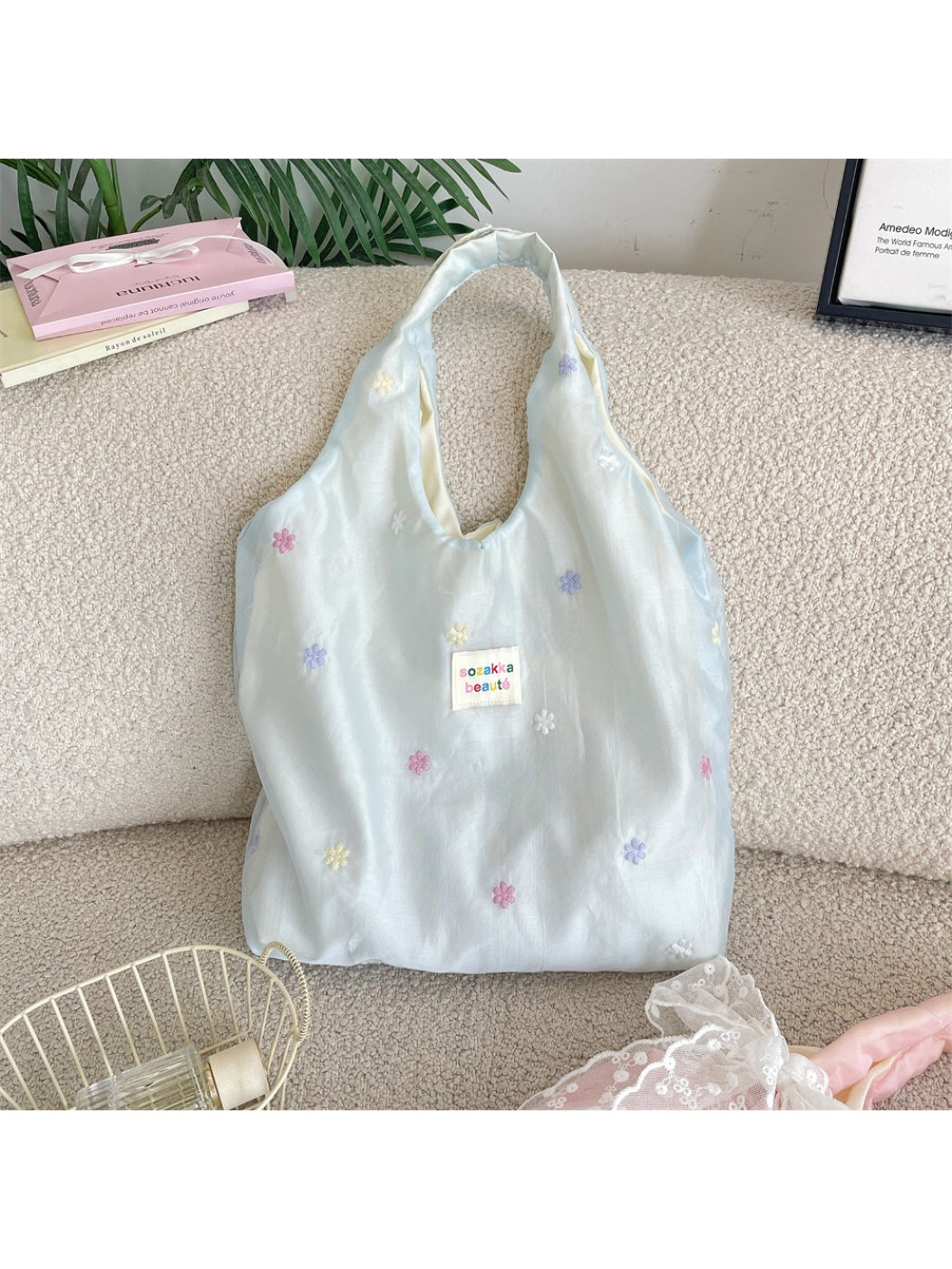 Cosbai Pastel Daisy Slouch Tote Bag front view with floral pattern