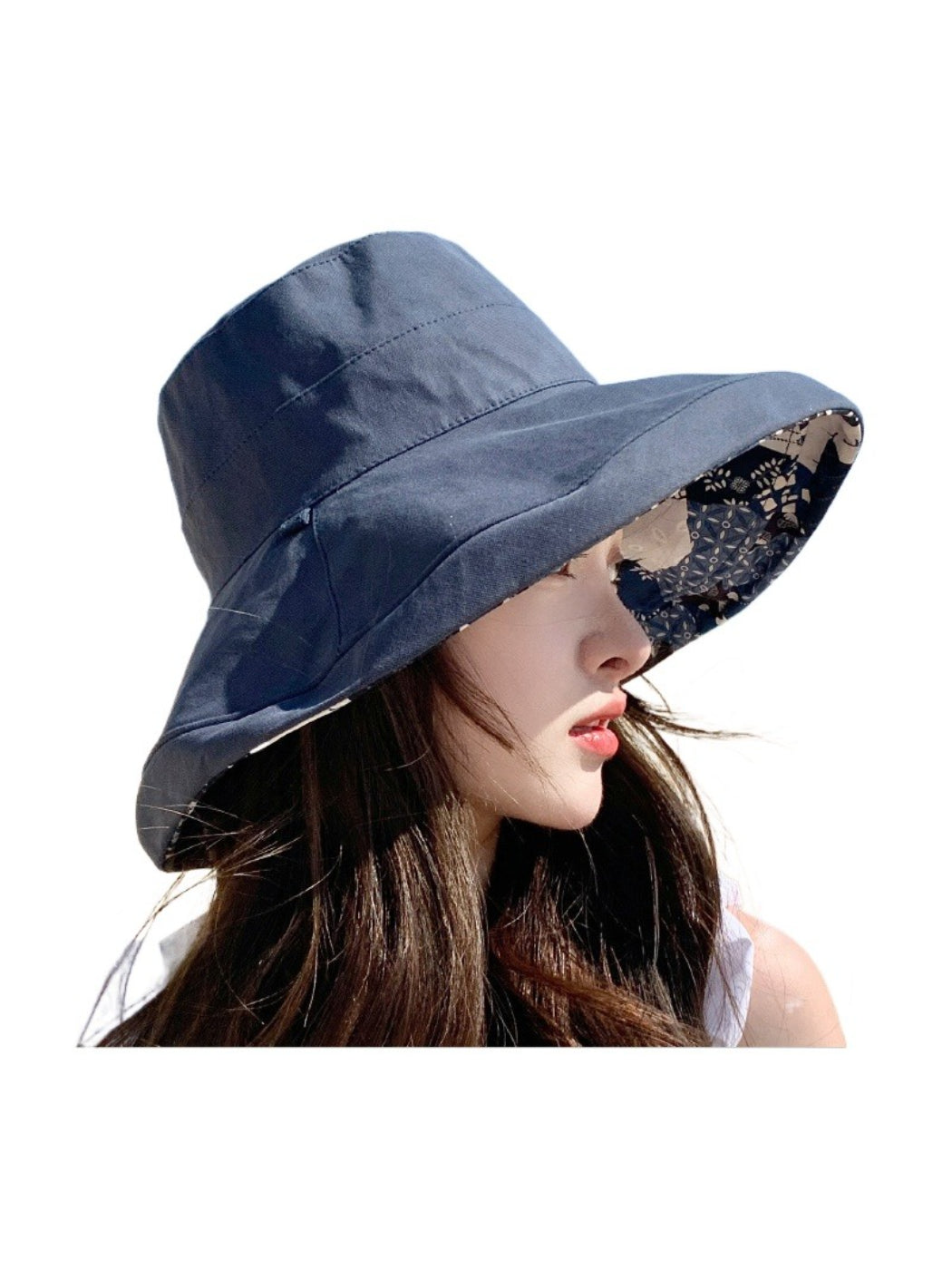 Haila bucket hat with colorful patchwork print front view