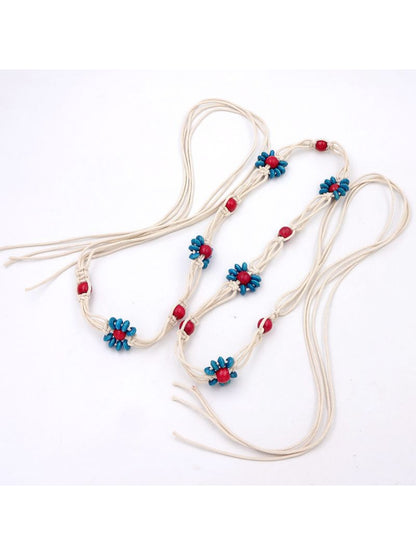 Beco Colorful Flower Bead Rope Adjustable Tassel Tie Belt color options including Brown, Coffee, White