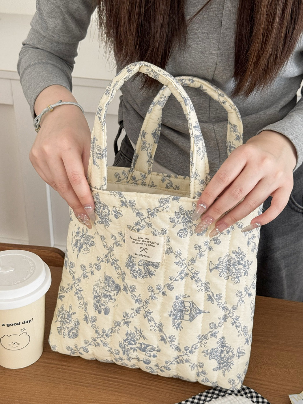 Cosbai tote bag open showing spacious interior with pastel garden print