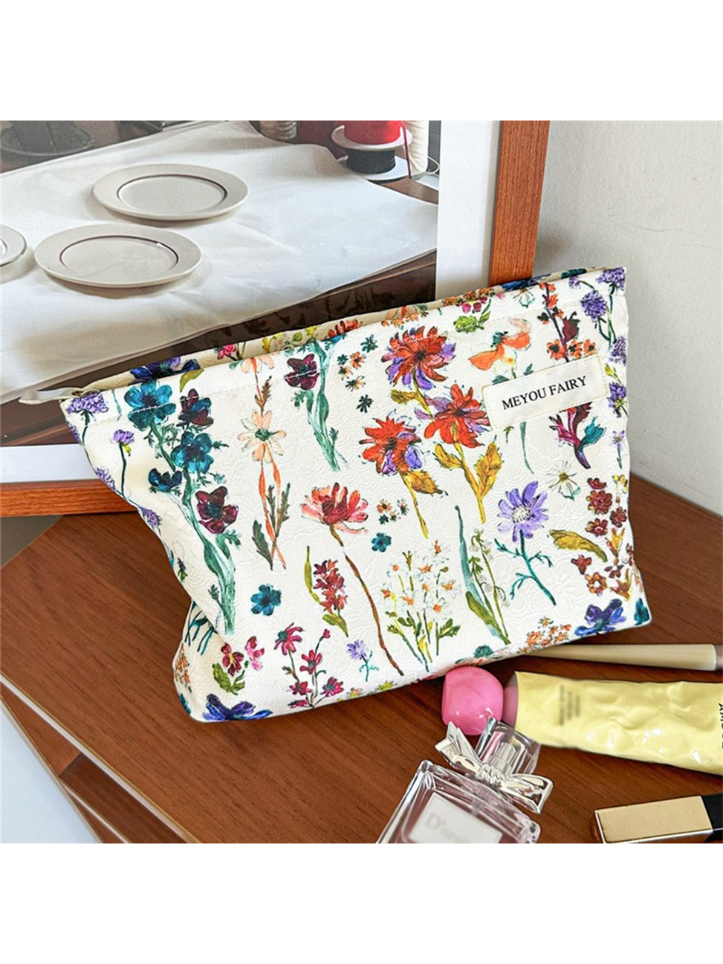 Cosbai Wildflower Cosmetic Bag lying flat highlighting the wildflower pattern