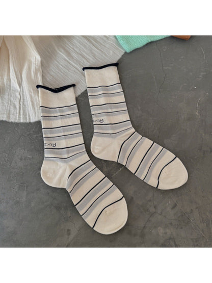 Side view of Rufia Classic Fine Stripe Crew Socks showing stripe detail