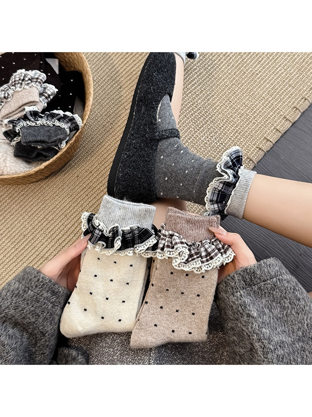 Rufia - Polka Dot Lace Ruffle Trim Crew Socks