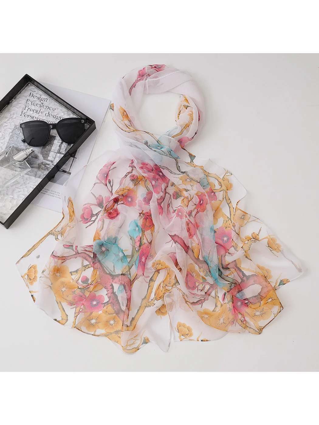 Scarvii - Floral Branch Print Sheer Long Scarf