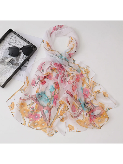 Scarvii - Floral Branch Print Sheer Long Scarf