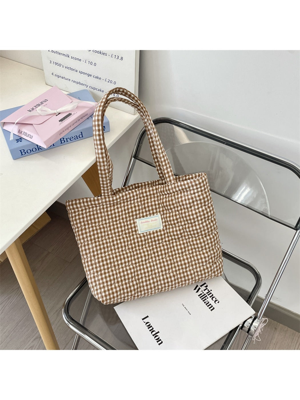 Cosbai - Tote Bag with Heart & Plaid Pattern