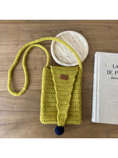 Cosbai - Pointed Flap Knit Crossbody Bag with Pom Pom
