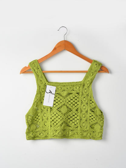 Side view of Crosa vintage crochet camisole tank top showing strap detail