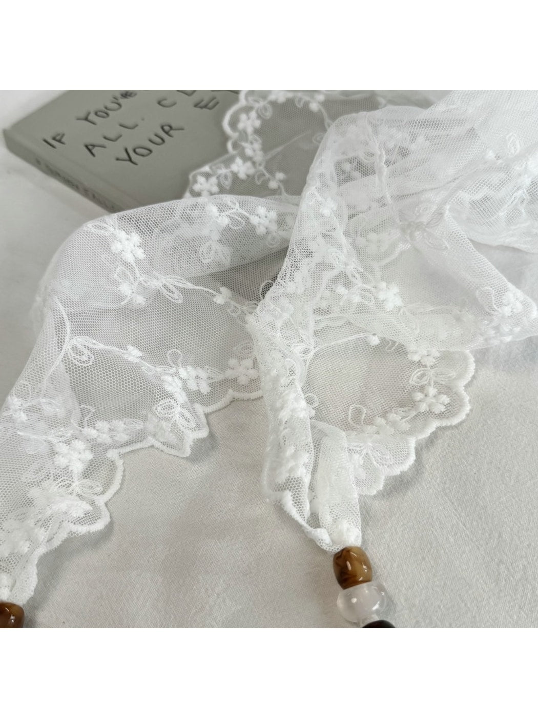 Scarvii - White Floral Embroidery Lace Trim Scarf