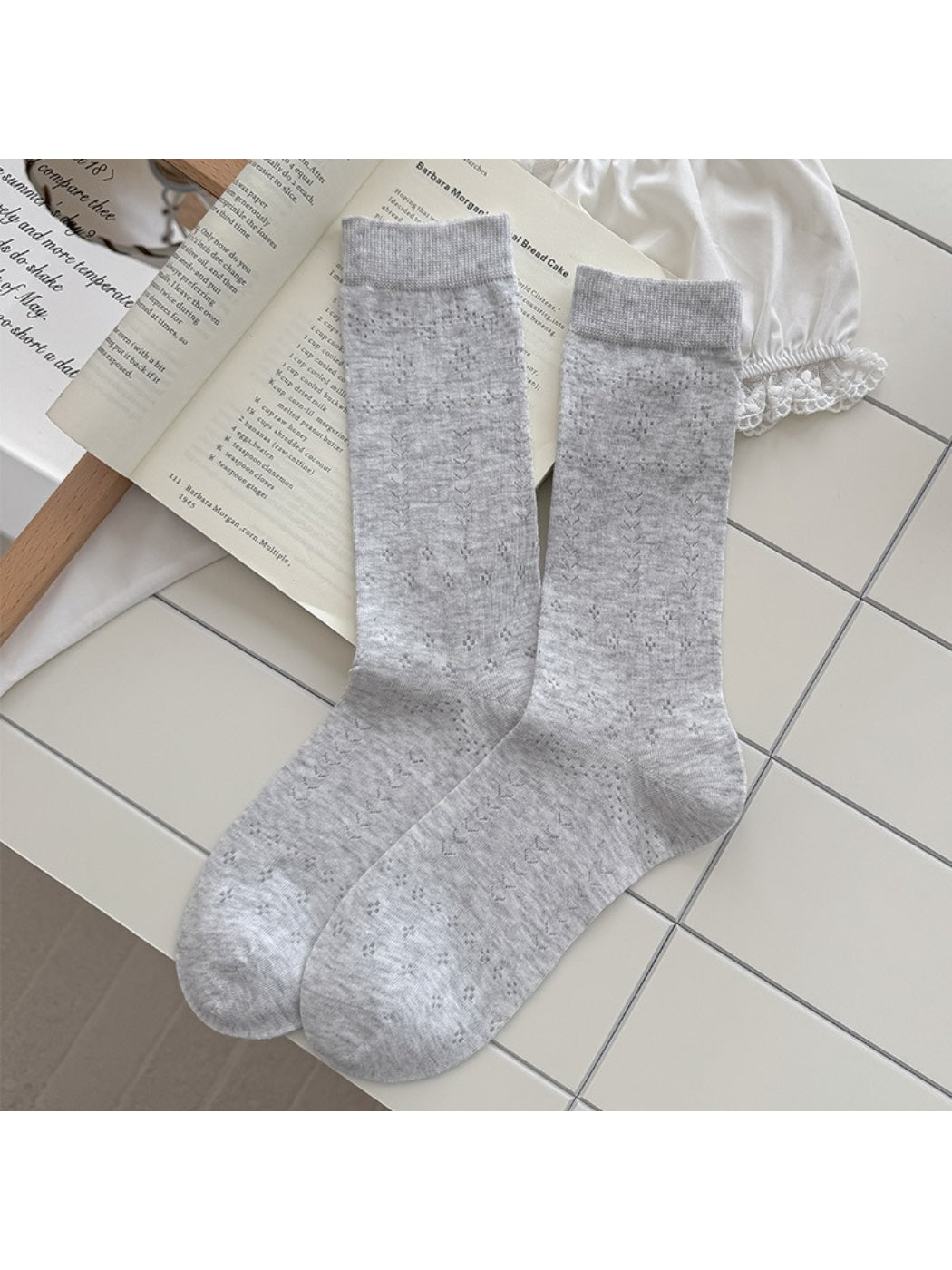 Top view of Rufia soft pointelle socks highlighting soft fabric and pattern