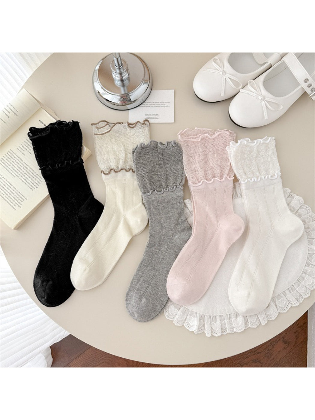 Rufia lace crew socks worn with casual shoes