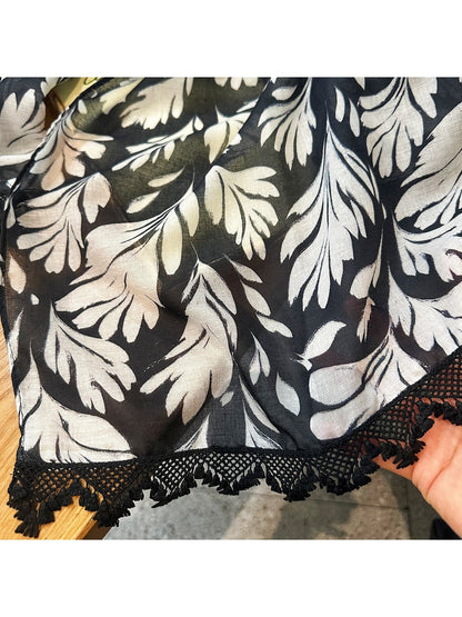 Scarvii - Leaf Print Lace Trim Lightweight Wrap Scarf