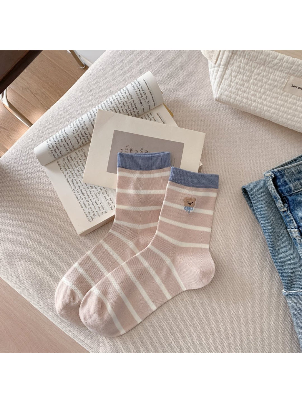 Rufia - Bear Patch Striped Crew Socks