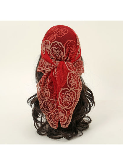 Scarvii - Rose Embroidered Lace Detail Square Scarf