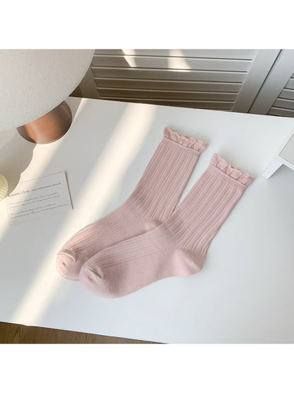 Rufia - Solid Color Ribbed Ruffle Crew Socks
