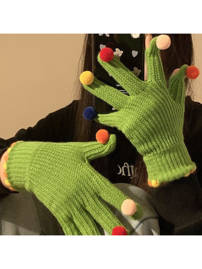 Gloving - Multicolor Pom-Pom Ribbed Gloves