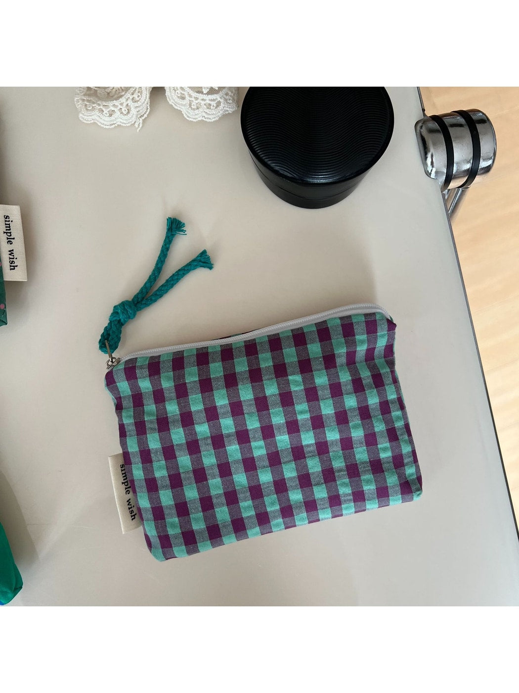 Cosbai - Polka Dot and Check Print Zip Pouch