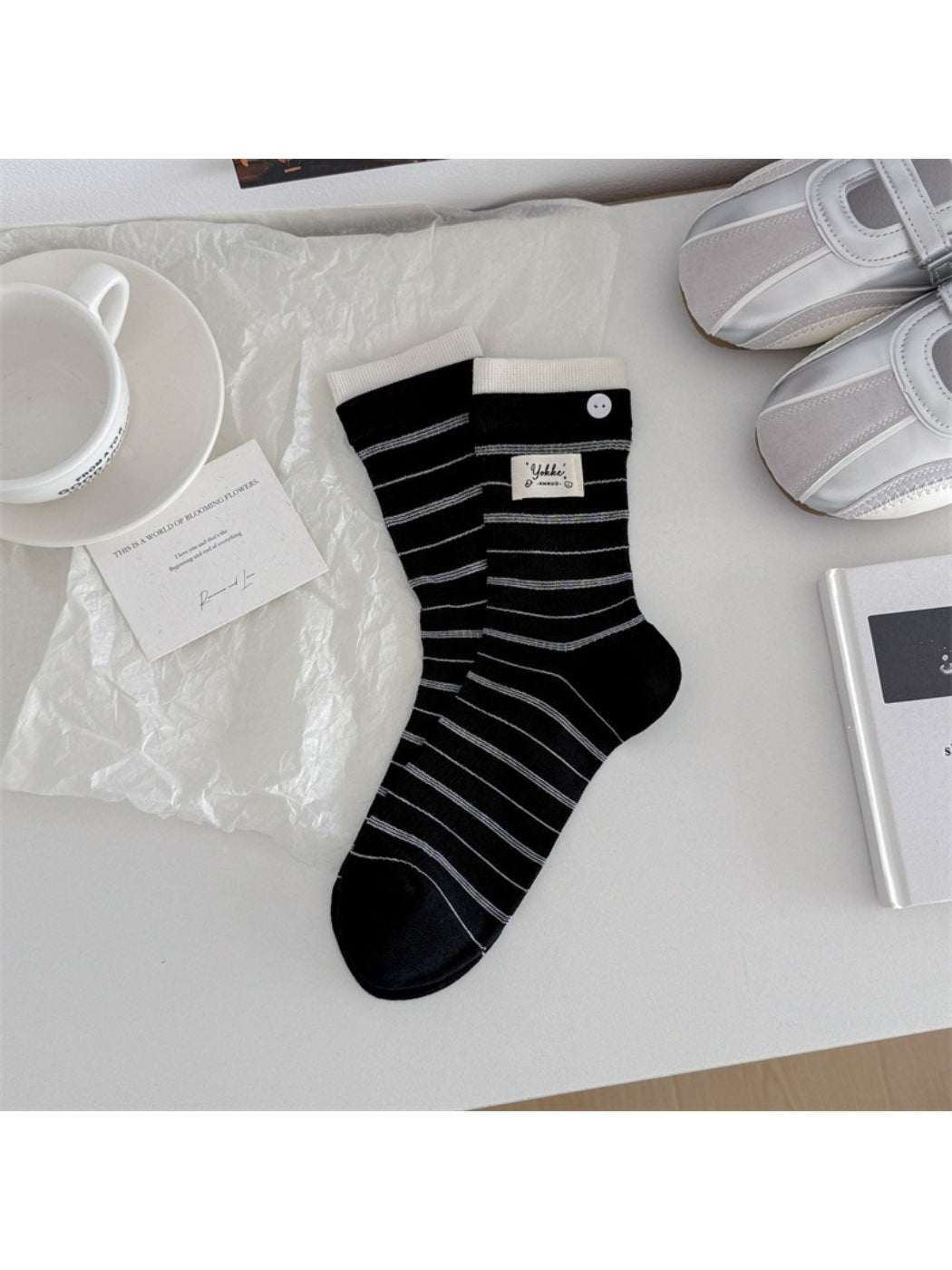 Rufia Button Cuff Ribbed Stripe Socks pattern detail